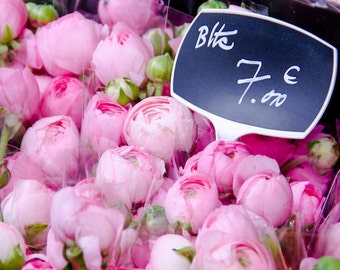 Paris flower photo, fine art Paris photography, Valentine's Day photography, wall decor, pink ranunculus bouquets