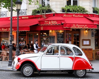 Parisian Vintage Car Photograph, Citroen 2CV Paris Fine Art Photography, Paris France Travel Photo Print, Red and White Vintage Wall Decor