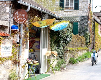 Charming boutique with umbrellas scooter, Fine art France photography, Monet's Garden photography,  travel image, wall decor