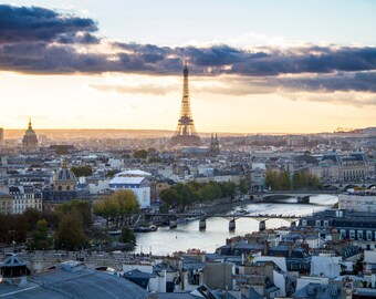 View over the Seine and Eiffel Tower rooftops, Eiffel Tower and Paris rooftop photo by Julia Willard Falling Off Bicycles