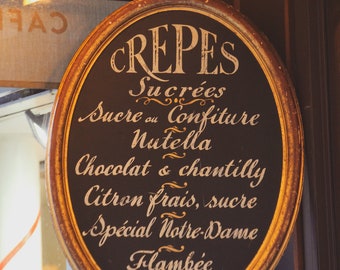 French crêpe sign,Paris scene, Falling Off Bicycles fine art Paris photography, kitchen art, travel photo