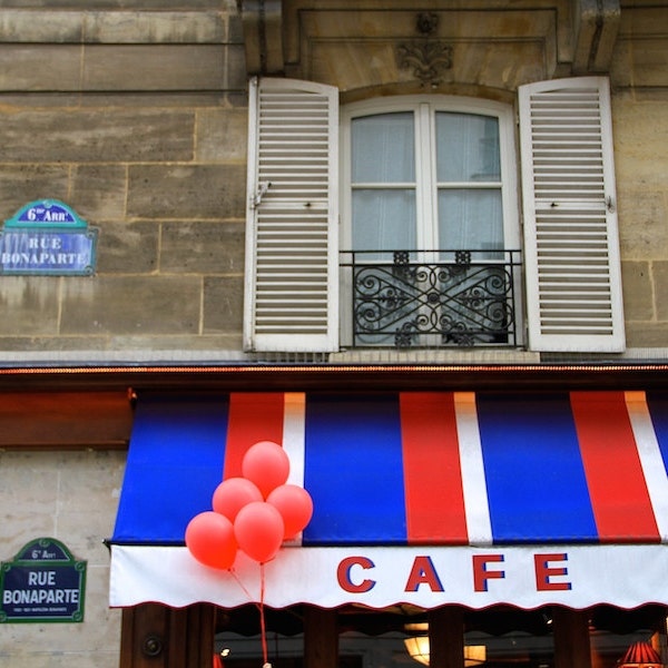 Paris red balloon photo, fine art Paris photography, travel photo, wall decor, Cafe Bonaparte Paris