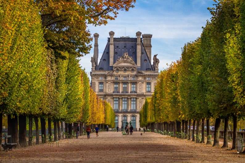 May include: A view down a tree-lined path leading to a large, ornate building with a gray roof. The trees are mostly green with some yellow leaves, and the building has a symmetrical facade with many windows.
