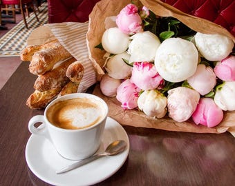 Paris Cafe Art Canvas Print Travel Photo France Wall Kitchen Picture Parisian Bistro Coffee Shop Peony Flower Photography Spring Dining Room