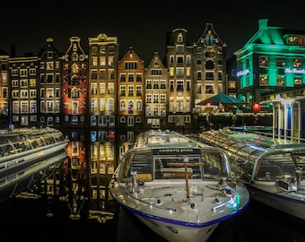 Amsterdam night reflection photo, fine art Netherlands photography, Falling Off Bicycles travel photo, Netherlands wall decor
