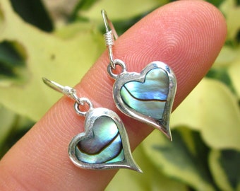 Paua Shell Heart Earrings, 925 Silver Earrings, Hallmarked, Sterling Silver Paua Shell Heart Shaped Earrings, I Love You Gift, Gifts for Her