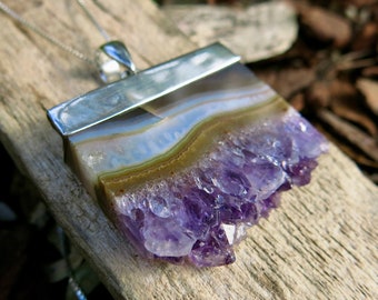 Druzy Amethyst Pendant, Sterling Silver 925, Hallmarked, Raw Amethyst Pendant, Awesome Amethyst Stalactite Handmade Necklace, Amethyst Slice