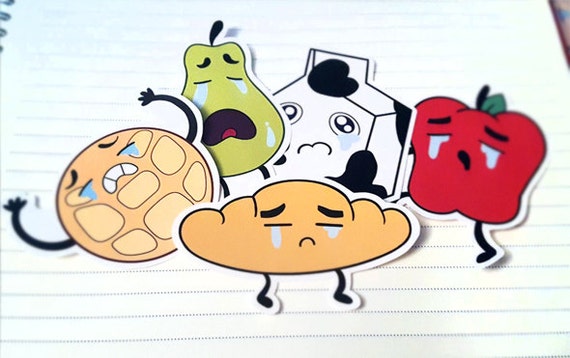 A set of five stickers of the crying breakfast friends: Sad Apple, Sniffling Croissant, Sad Pear,Spilled Milk, Sad Waffle from the cartoon Steven Universe    Printed on glossy sticker paper so they have a slight sheen to them. Not intended for outdoor use/recommended to not be fully