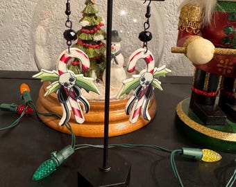 Skull and Candy Cane, spooky Christmas, earrings, drop earrings