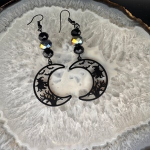 Witch moon, black aura beaded, dangle earrings, Halloween, Spooky