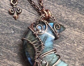 Labradorite, crescent moon, wire wrapped pendant, necklace, gift