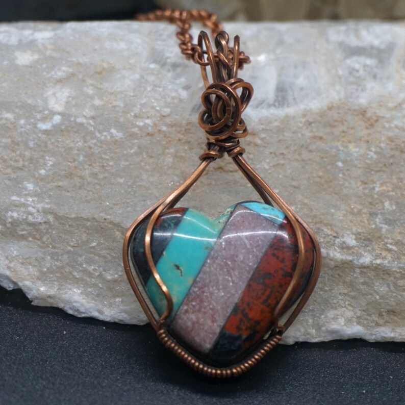 Turquoise heart pendant Crystal Jewelry lepidolite Sanora sunrise copper wire wrapped Mosaic heart pendant necklace Gift