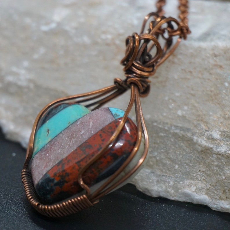 Turquoise heart pendant Crystal Jewelry lepidolite Sanora sunrise copper wire wrapped Mosaic heart pendant necklace Gift
