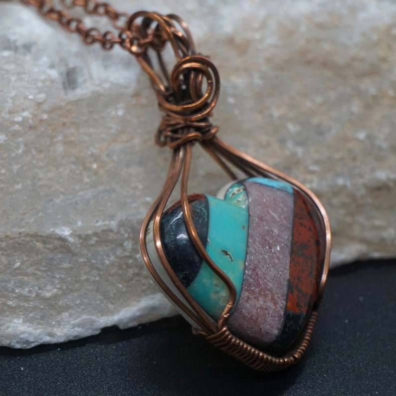 Turquoise heart pendant Crystal Jewelry lepidolite Sanora sunrise copper wire wrapped Mosaic heart pendant necklace Gift