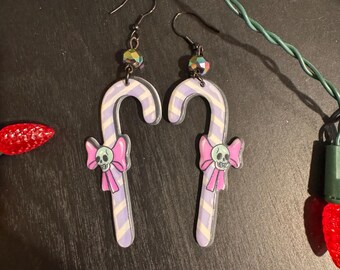 Pastel Goth, Candy cane and skull, spooky Christmas, earrings, drop earrings