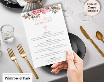 Floral Menu Card Printable Template Download | Pink and Gold Menu Card | Modern Menu Card | Baptism Menu Card | Wedding Menu Cards