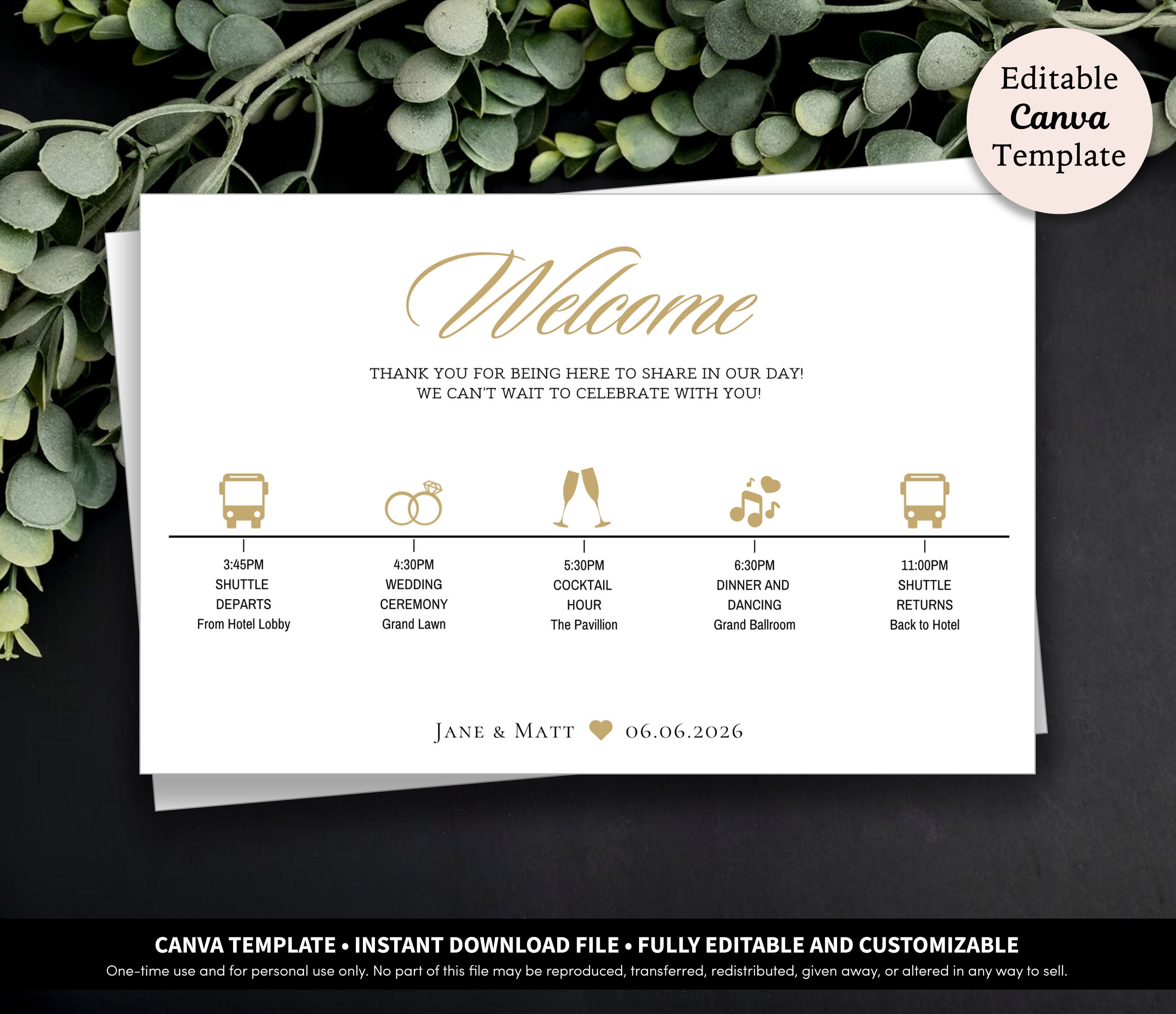 Itinerário de casamento com modelo de ícones para download digital para impressão | itinerário do casamento cartão comemorativo | Itinerário da bolsa de boas-vindas do hotel