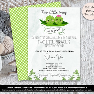 May include: A green and white gingham background with a white card featuring a baby shower invitation. The invitation has a cartoon image of two peas in a pod with the text "Two little peas in a pod". The text "Double the blessings. Double the fun. Two little miracles instead of one!" is also on the card. The invitation is for a baby shower honoring Jenna Rose. The date, time, and location of the shower are listed on the card. The text "Registry at Target and Babylist.com" is also on the card.