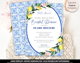 Italian Bridal Shower Invitation Template Download | Lemon Italian Invitation | Italian Olives Invitation | Lemon and Blue Italian Tile