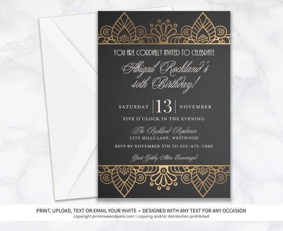 Art Deco Birthday Party Invitation Template. The invitation has a
