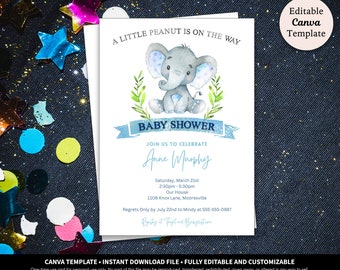 Petite invitation de baby shower d'éléphant aux cacahuètes à télécharger | Invitation de baby shower de petite arachide | Modèle d'invitation de bébé éléphant