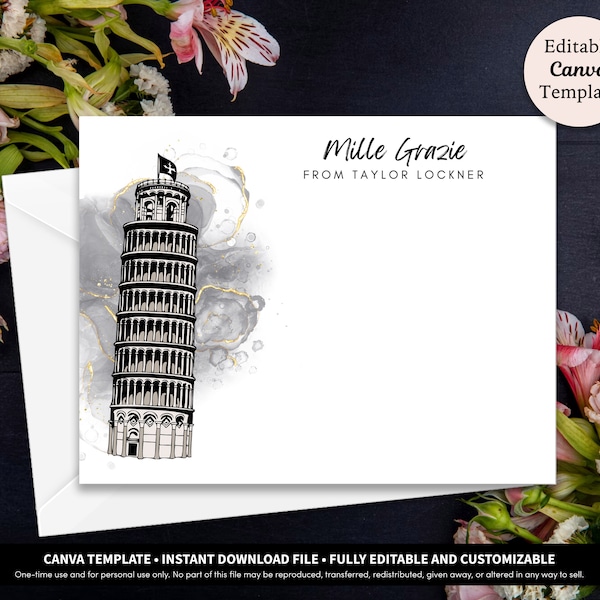 Thème italien Cartes de remerciement Modèle imprimable Télécharger | Papeterie personnalisée | Cartes de correspondance pour fête prénuptiale, anniversaire, baptême
