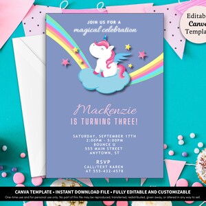 Rainbow Unicorn Birthday Invitation Template Download | Unicorn Party | Rainbow Unicorn Invitation | Whimsical Pony Unicorn Rainbow Invite