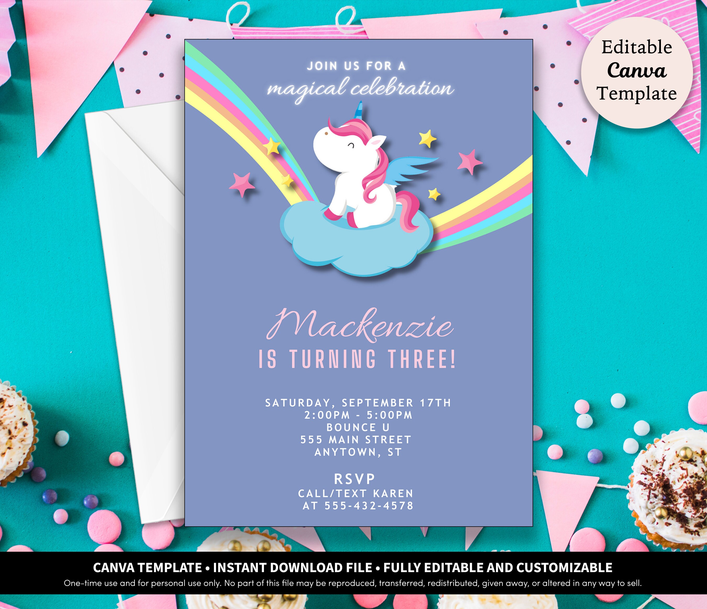 Rainbow Unicorn Birthday Invitation Template Download | Unicorn Party | Rainbow Unicorn Invitation | Whimsical Pony Unicorn Rainbow Invite