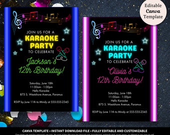 Karaoke cumpleaños invitación plantilla digital descargar / fiesta de karaoke música fiesta de cumpleaños / tema de música Rockstar / invitación de estrella pop