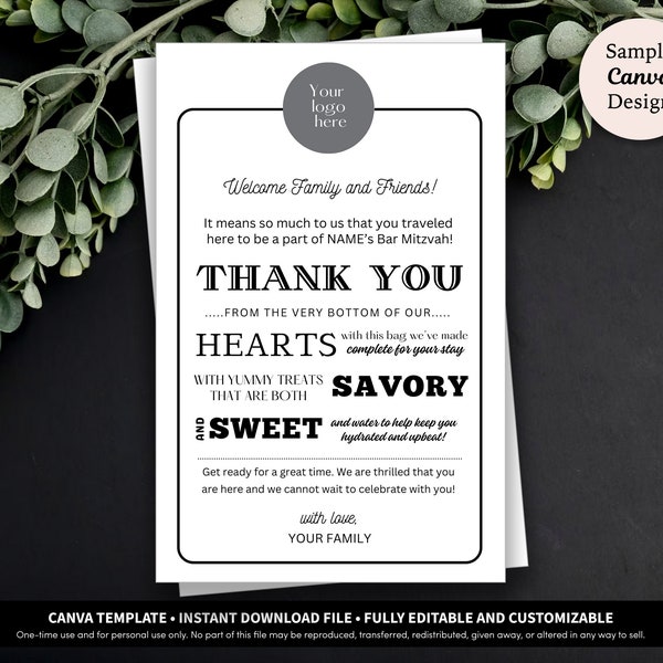 Bar Mitzvah Welcome Letter Printable Template Download | Bar Bat B'nai B'not Mitzvah Printable Letter |  Hotel Welcome Bag Letter