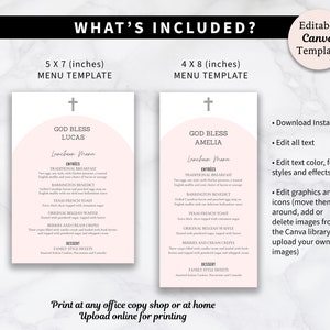 Modèle de téléchargement imprimable de carte de menu baptême fille Carte de menu bohème Carte de menu de baptême Carte de menu de sainte communion en téléchargement numérique image 3