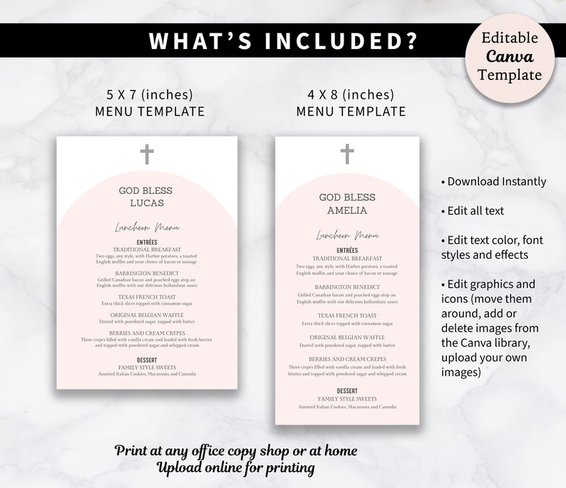 Modèle de téléchargement imprimable de carte de menu baptême fille Carte de menu bohème Carte de menu de baptême Carte de menu de sainte communion en téléchargement numérique image 3
