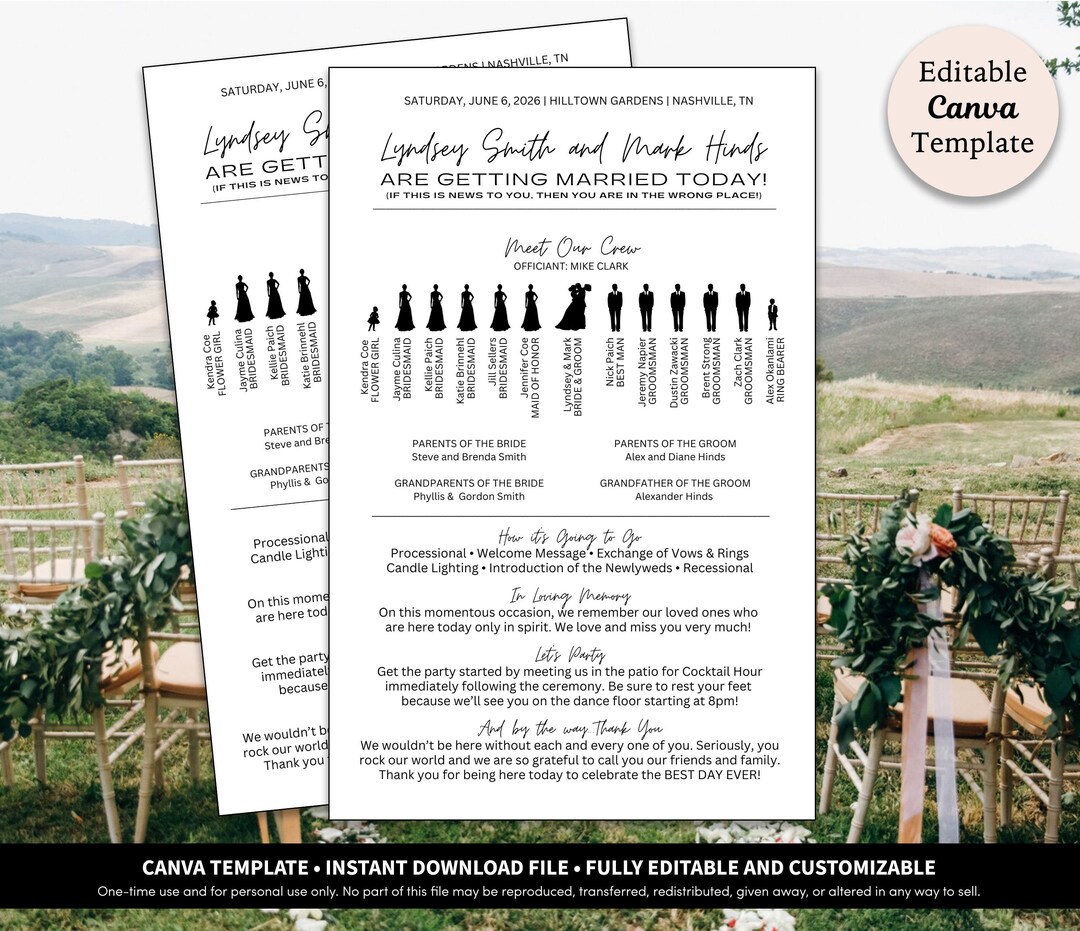 Funny Wedding Program Printable Template | Silhouette Wedding Program ...