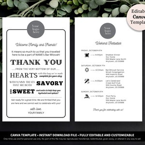 Bar Mitzvah Letter and Itinerary Printable Template Download Bar Mitzvah Hotel Guest Welcome Bag Bar Bat B'nai B'not Mitzvah Itinerary image 1