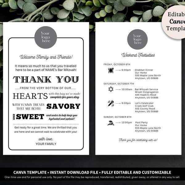 Bar Mitzvah Letter and Itinerary Printable Template Download | Bar Mitzvah Hotel Guest Welcome Bag | Bar Bat B'nai B'not Mitzvah Itinerary