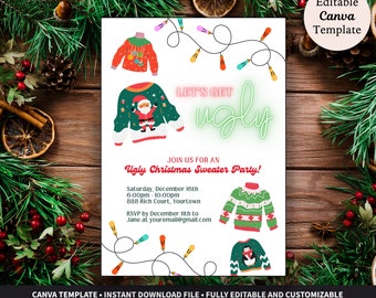 Plantilla de descarga de invitación a fiesta de suéteres navideños feos / Invitación a fiesta de Navidad / Plantilla de descarga imprimible para fiesta navideña