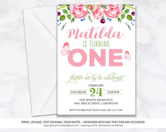 Pink Butterfly and Flowers Invitation • Flutter On By Invitation • Birthday • Baby Shower • First Birthday • Invitation Template
