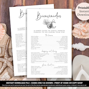 Cartes pour sac de bienvenue pour mariage à destination à téléchargement immédiat | Carte d'expressions en espagnol | Sac de bienvenue | Itinéraire de mariage à destination