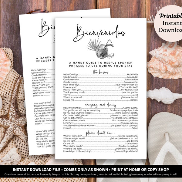 Tarjetas de Bolsa de Bienvenida de Boda de Destino Descarga Instantánea / Tarjeta de Frases en Español / Bolsa de Bienvenida / Itinerario de Boda de Destino