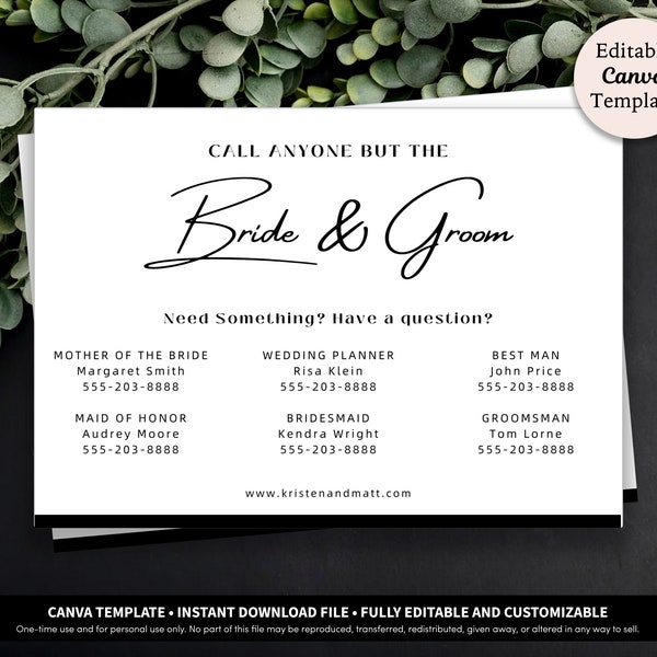 Call Anyone But The Bride Card Printable Template Download | Call Anyone but the Bride & Groom Card for Wedding