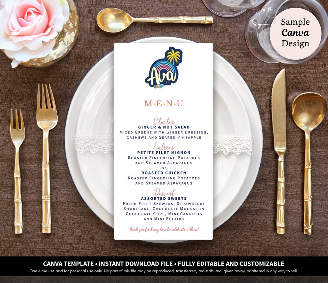 Bar Mitzvah Menu Card Printable Download Template Bat Mitzvah Menu Card
