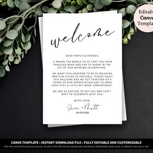 Carta de bienvenida de boda para bolsas de bienvenida de hotel Plantilla de descarga imprimible / Notas de bienvenida para boda / Carta de bolsa de bienvenida para huéspedes del hotel imagen 1