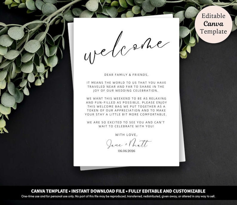 Carta de bienvenida de boda para bolsas de bienvenida de hotel Plantilla de descarga imprimible / Notas de bienvenida para boda / Carta de bolsa de bienvenida para huéspedes del hotel imagen 1