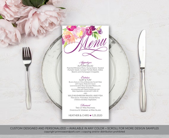 Floral Menu Cards Bridal Shower Menu Card Wedding Menu Etsy