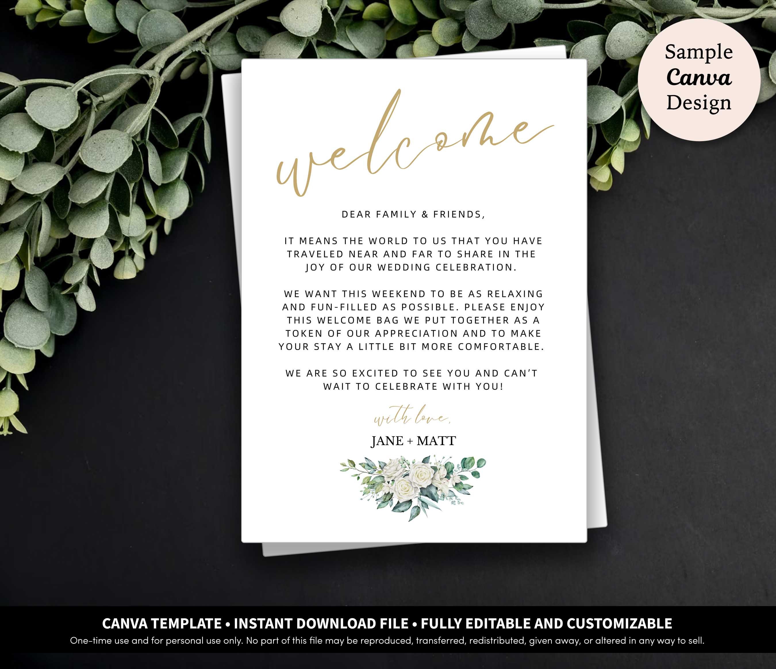 PRINTABLE Wedding Hotel Welcome Bag Note With Gold Heart and 