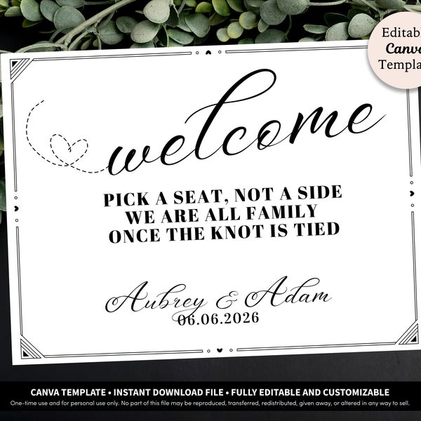 Pick A Seat Wedding Welcome Sign Printable Download • Wedding Reception Sign Printable • Welcome Sign Download