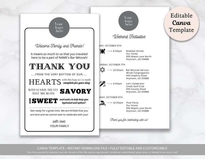 Bar Mitzvah Letter and Itinerary Printable Template Download Bar Mitzvah Hotel Guest Welcome Bag Bar Bat B'nai B'not Mitzvah Itinerary image 6