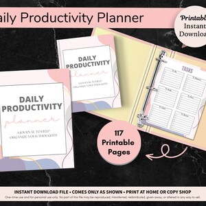 Pode incluir: Um planejador de produtividade diário imprimível com 117 páginas. A capa apresenta um design abstrato rosa, azul e cinza com detalhes dourados. O texto na capa diz "Planejador de produtividade diário" e "Um diário para ajudar a organizar seus pensamentos".