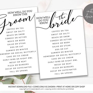 How Well Do You Know the Bride and Groom Game Card • Bridal Shower Game Cards • Baby Shower Game Card • Instant Download
