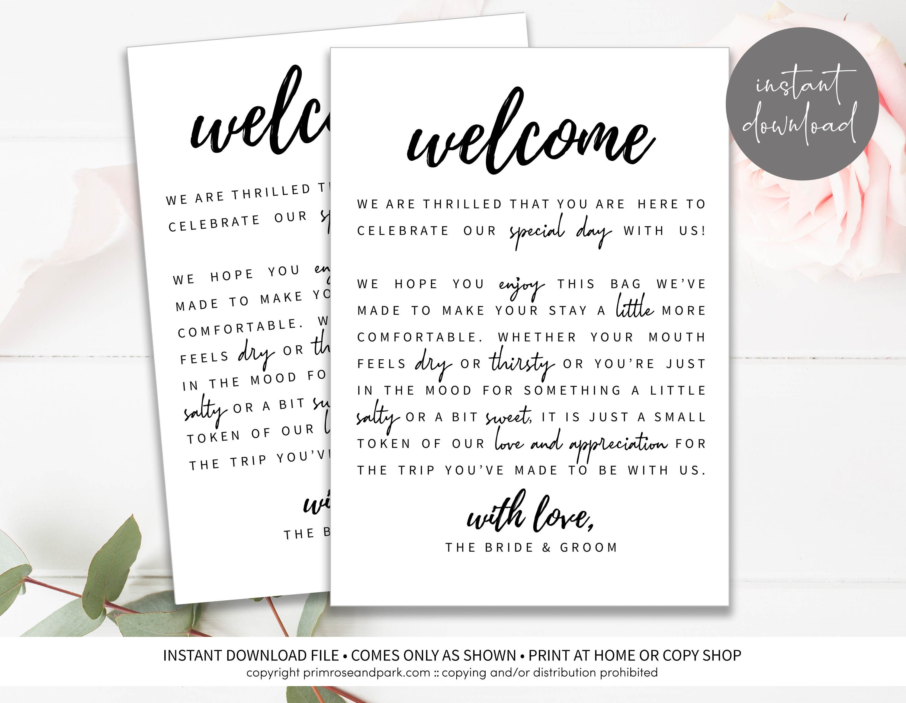 Wedding Hotel Welcome Bag Letter Wedding Welcome Bag Note 